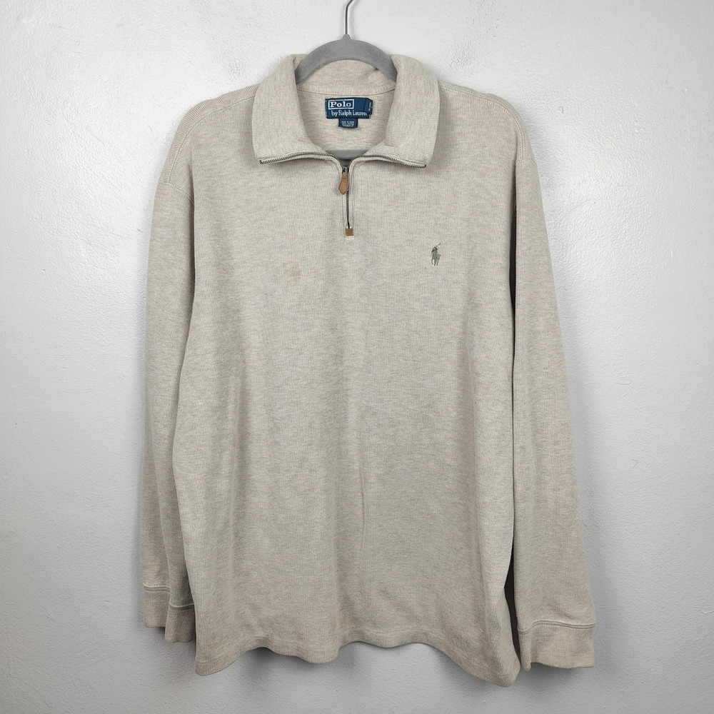 Vintage Polo by Ralph Lauren 1/4 Zip Sweater Mens XL Preppy‎ Beige Cotton FLAWED